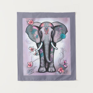 Grauer indischer Elefant mit Blume verziert Wandteppich