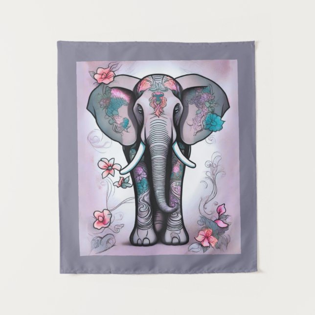 Grauer indischer Elefant mit Blume verziert Wandteppich (Vorderseite)