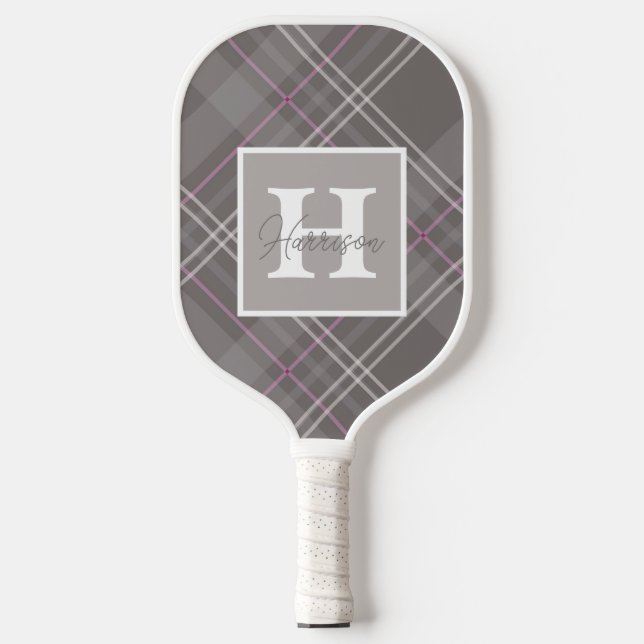 Grauer Karierter Monogrammname anpassbar Pickleball Schläger (Vorderseite)