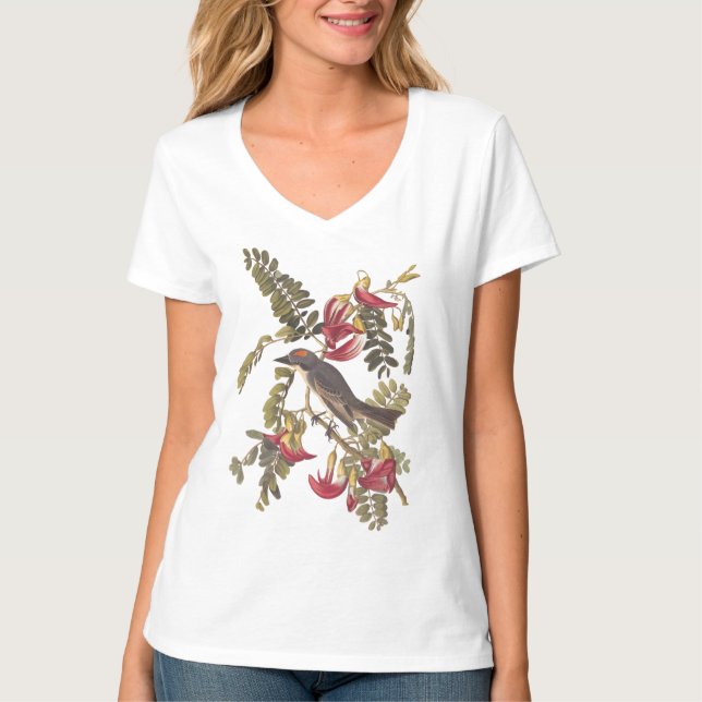 Grauer Kingbird Audubon Bird über blühenden Baum T-Shirt (Vorderseite)