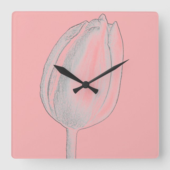 Grauer Lachs Pink Orange Tulips Niedlich Quadratische Wanduhr (Vorderseite)