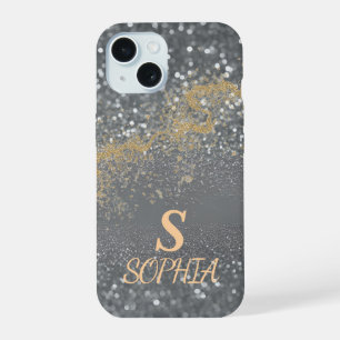 Grauer Marmor Chic Gold Glitter Monogramm iPhone 15 Hülle