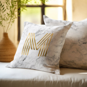 Grauer Marmor-Retro-Geometrischer Goldfolien-Monog Kissen