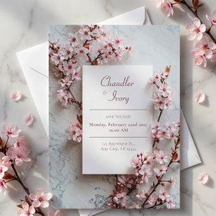 Grauer Marmor Rosa Sakura Botanischer Rahmen Hochz Einladung