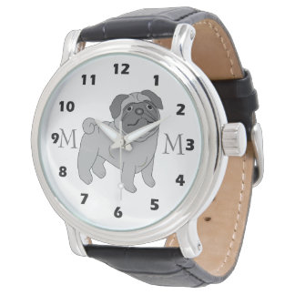 Grauer Mops Dog Design Mit Monogramm Armbanduhr