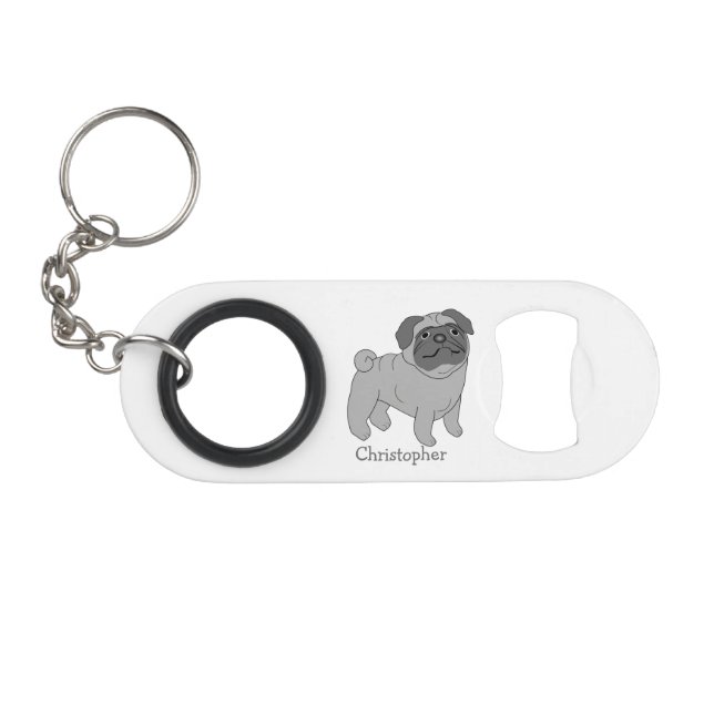 Grauer Mops Dog Design Personalisiert Mini Flaschenöffner (Vorderseite (Horizontal))