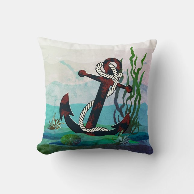 Grauer Nautikanker/Meer/Muscheln - Aqua Kissen (Vorderseite)