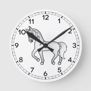 Grauer Niedlicher Cartoon Trotting Horse Illustrat Runde Wanduhr
