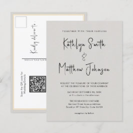Grauer QR-Code in einer modernen Script Chic Hochz Einladungspostkarte