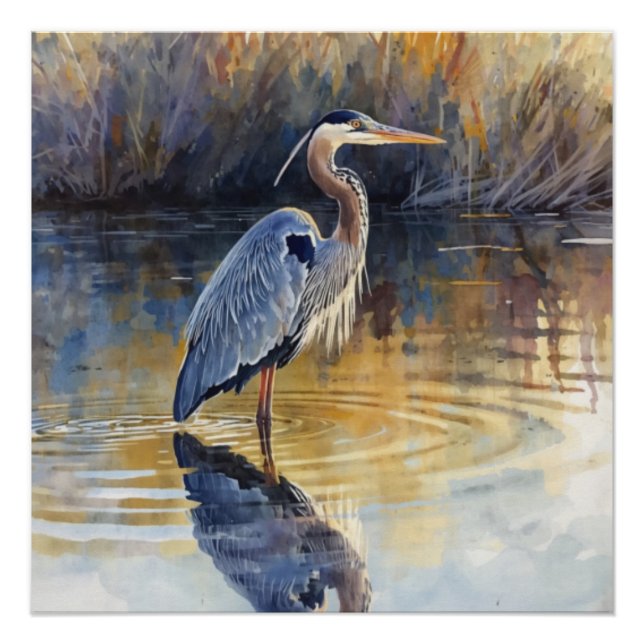 Grauer Reiher Fluss Aquarelle Poster (Vorderseite)