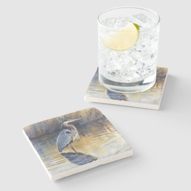 Grauer Reiher Fluss Aquarelle Steinuntersetzer (Seitenansicht)