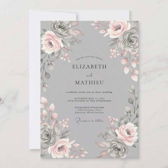 Grauer Rosé-Blumen-Romantischer Hochzeit Einladung (Vorderseite)