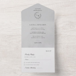 Grauer Samtlorbeerkranz Minimalistische Hochzeit All In One Einladung