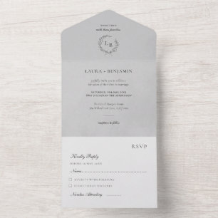 Grauer Samtlorbeerkranz Minimalistische Hochzeit All In One Einladung