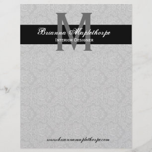 Grauer Schwarz-weißer Damast-Monogramm-Briefkopf Briefbogen