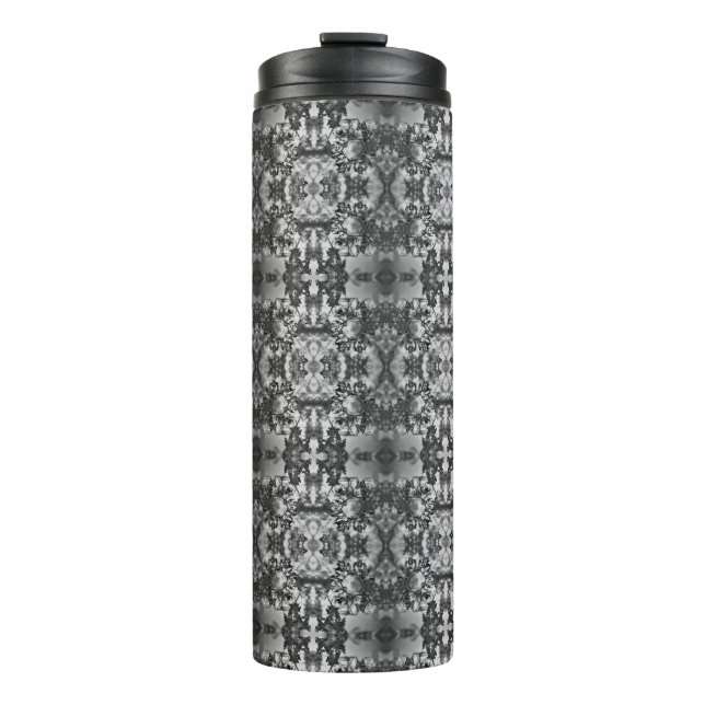 Grauer, schwarz-weißer Kaleidoskop-Thermotumbler Thermosbecher (Vorderseite)