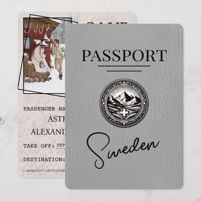 Grauer Schweden Reisepass Save The Date (Vorne/Hinten)