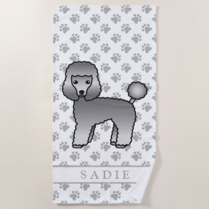 Grauer Spielzeug Pudel Süßer Cartoon Hund & Name Strandtuch