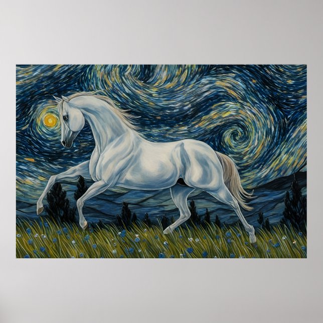 Grauer Stallion in der Sternennacht Poster (Vorne)