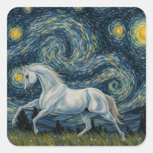Grauer Stallion in der Sternennacht Quadratischer Aufkleber