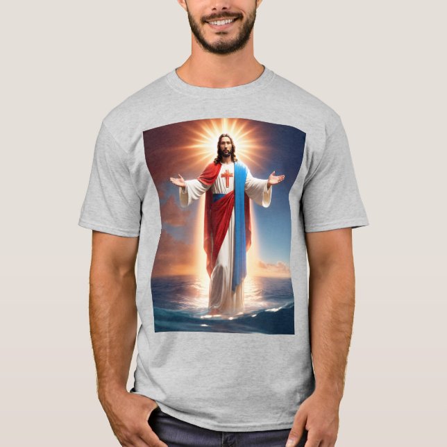 Grauer T - Shirt mit Jesus Christus, der Segnungen (Vorderseite)