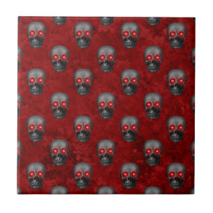 Grauer Totenkopf mit Herz-Augen Rot Aquarell Goth Fliese