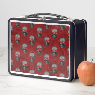 Grauer Totenkopf mit Herz-Augen Rot Aquarell Goth Metall Brotdose