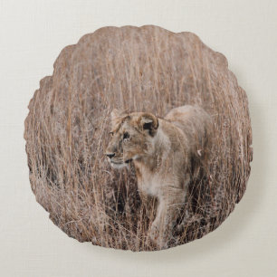 GRAUER UND BROWER LION UMGEBEN VON BROWN GRASS RUNDES KISSEN
