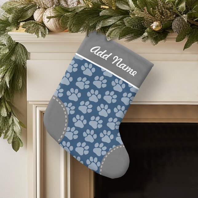 Grauer und Navy Dog Paw Print Pattern Individuelle Kleiner Weihnachtsstrumpf (Personalized Christmas Stocking)