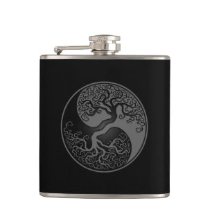 Grauer und schwarzer Baum des Lebens Yin Yang Flachmann