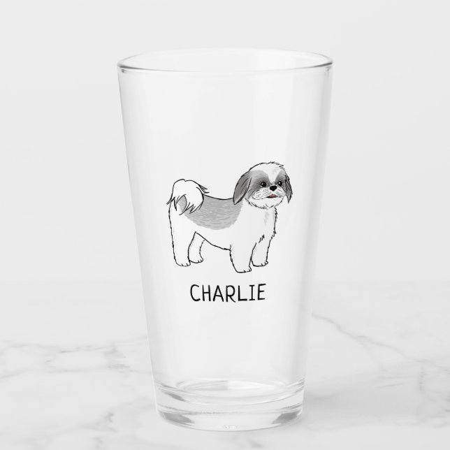 Grauer und weißer Cartoon-Hund Shih Tzu Glas (Vorderseite)