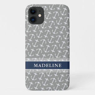 Grauer weißer Anchor-Muster Navy Name Case-Mate iPhone Hülle