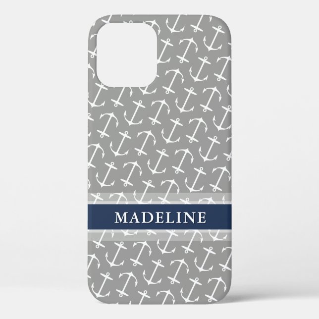 Grauer weißer Anchor-Muster Navy Name Case-Mate iPhone Hülle (Rückseite)