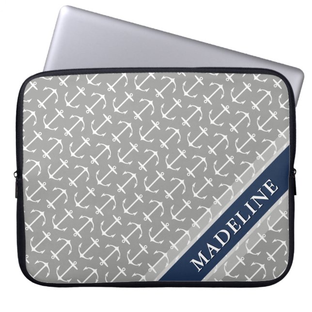 Grauer weißer Anchor-Muster Navy Name Laptopschutzhülle (Vorderseite)