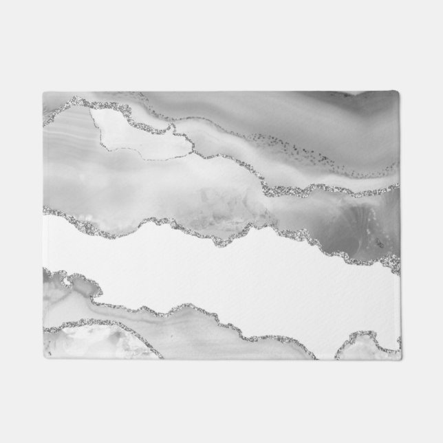 Grauer weißer Marmor Agate Simple Silver Glitzer Fußmatte (Vorderseite)
