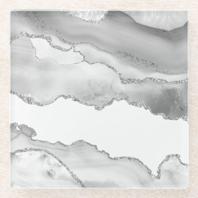 Grauer weißer Marmor Agate Simple Silver Glitzer Glasuntersetzer (Vorderseite)