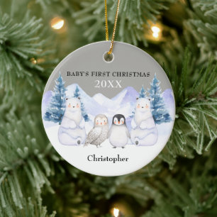 Grauer Winter Woodland Animal Baby's First Christm Keramik Ornament