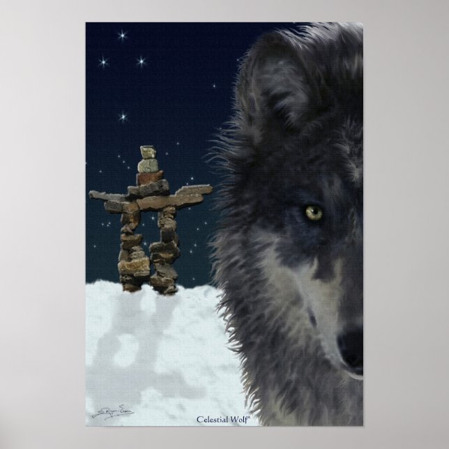 Grauer Wolf, arktischer Inukshuk & Stars Art Poste Poster (Vorne)