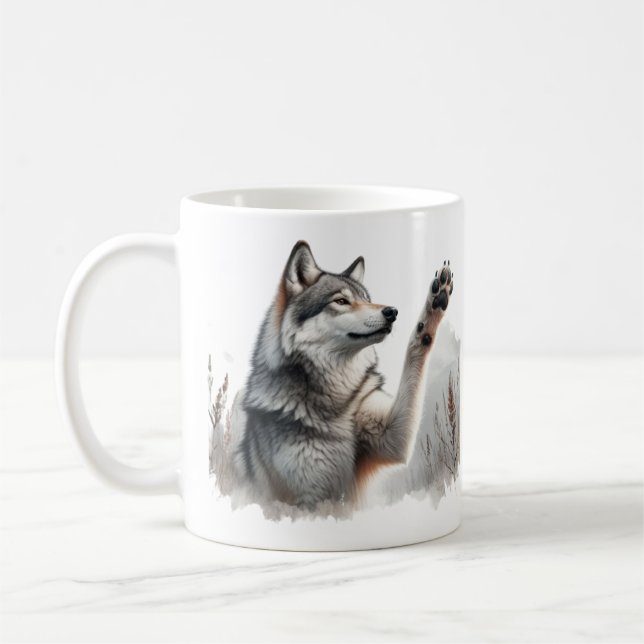 Grauer Wolf bricht in Wasserfarbe auf Kaffeetasse (Links)