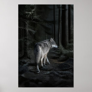 Grauer Wolf, der durch einen dunklen Wald geht, Wi Poster