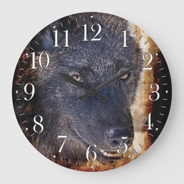 Grauer Wolf-Gesicht Wildlife-Supporter Art Clock Große Wanduhr (Vorderseite)
