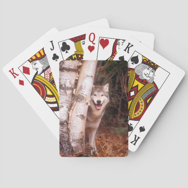 Grauer Wolf hinter einem Baum Spielkarten (Rückseite)