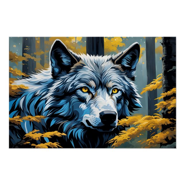 Grauer Wolf im Goldenen Wald Poster (Vorderseite)