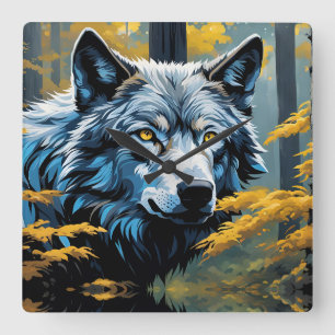 Grauer Wolf im Goldenen Wald Quadratische Wanduhr