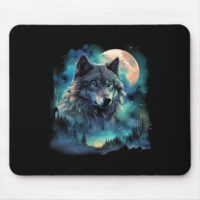 Grauer Wolf Jagdgründe Icy Moon Forest Galaxy Mousepad (Vorne)