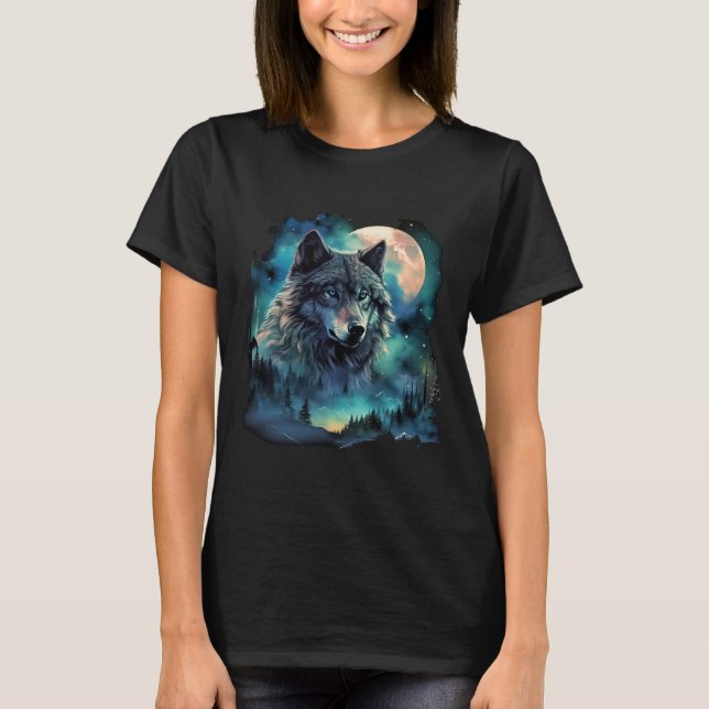 Grauer Wolf Jagdgründe Icy Moon Forest Galaxy T-Shirt (Vorderseite)