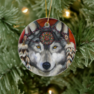GRAUER WOLF KERAMIK ORNAMENT