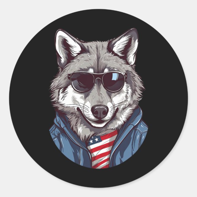Grauer Wolf mit Patriotic-US-Flagge American Indep Runder Aufkleber (Vorderseite)