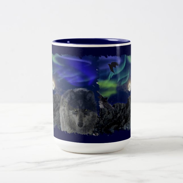 Grauer Wolf, Ravens & Aurora & Totem Wildtiere Tas Zweifarbige Tasse (Mittel)