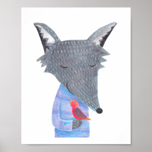 Grauer Wolf Roter Vogel Waldillustration Poster